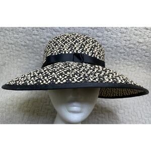 Eric Javits Tan & Black Straw Wide Brim Sun Hat OS UPF50+ Packable Adjustable